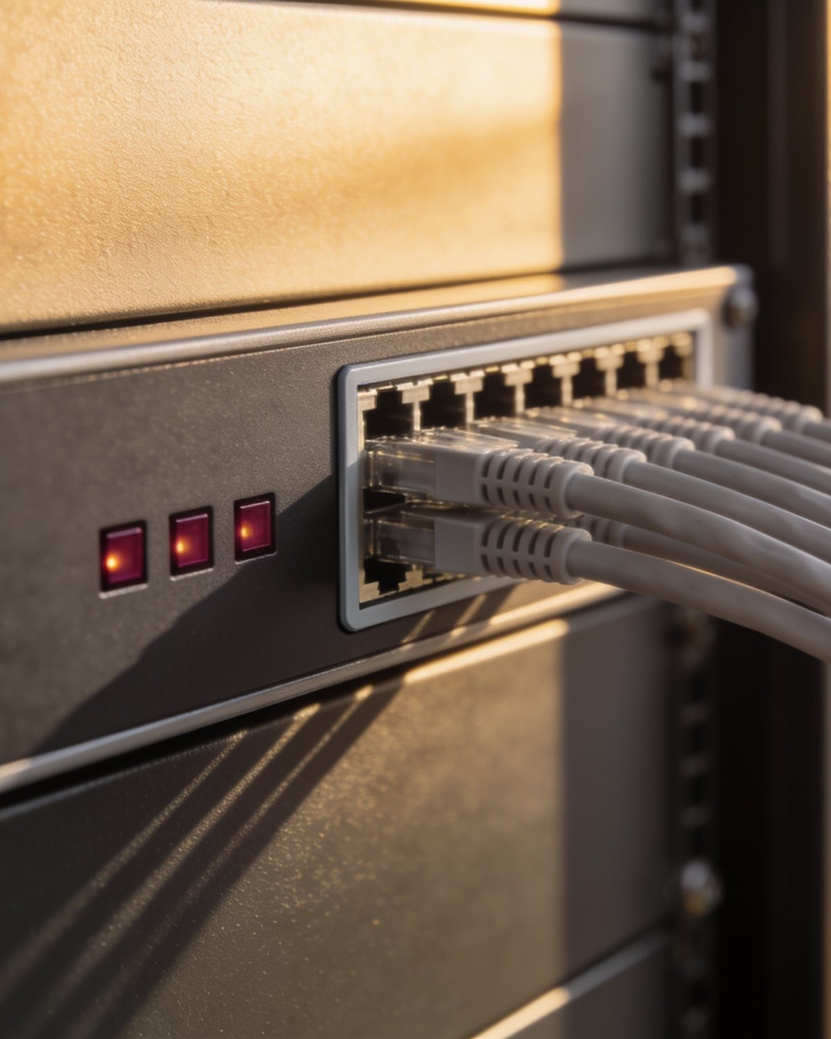 Network cabinet with patch cables and three maroon status lights
